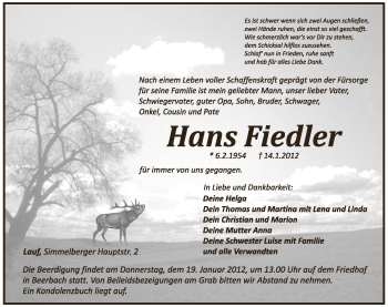 Traueranzeige von Hans Fiedler von Pegnitz-Zeitung